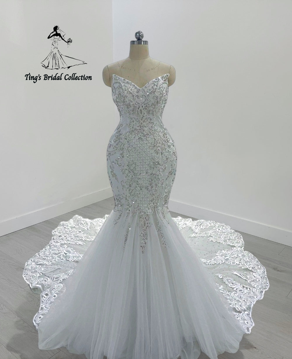 TBC-M045 Made to order lace embroidered with crystal beaded mermaid wedding dress - Ting's Bridal Collection
