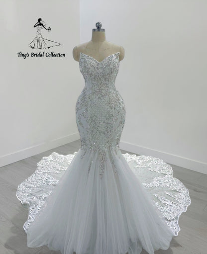 TBC-M045 Made to order lace embroidered with crystal beaded mermaid wedding dress - Ting's Bridal Collection