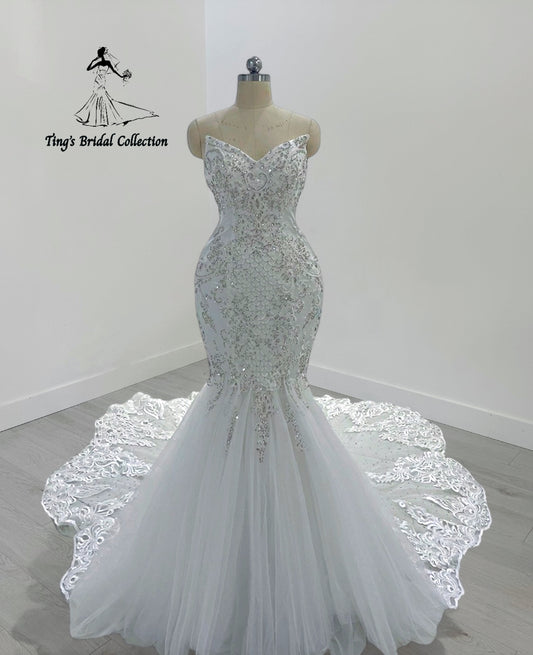 TBC-M045 Made to order lace embroidered with crystal beaded mermaid wedding dress - Ting's Bridal Collection