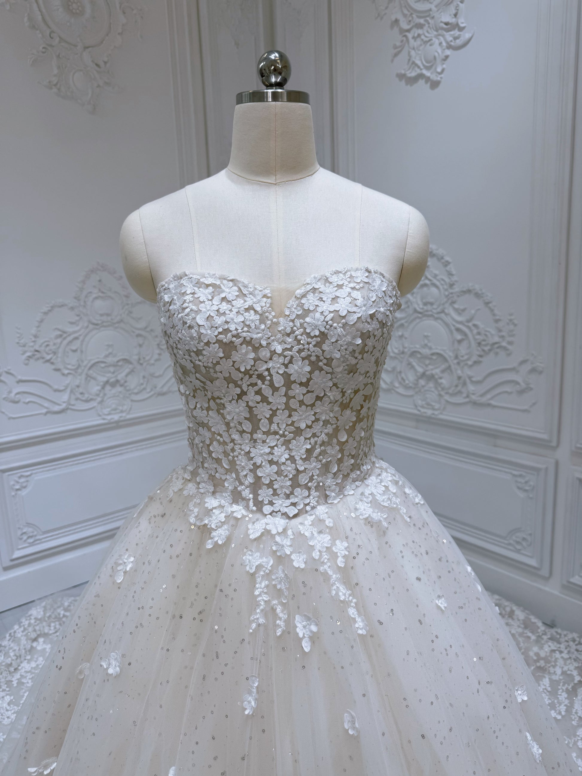 Stock clearance! Bridal size 6! Strapless ivory 3D floral Aline style fairy wedding dress - Ting's Bridal Collection