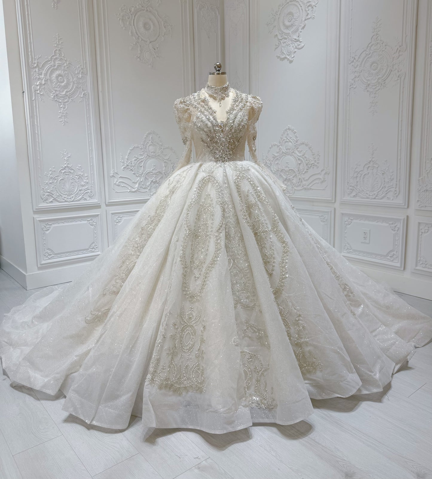 Stock Clearance! Bridal size 10! Luxury crystal beaded with beading lace long sleeve Victorian royal wedding dress with detachable neckpiece - Ting's Bridal Collection