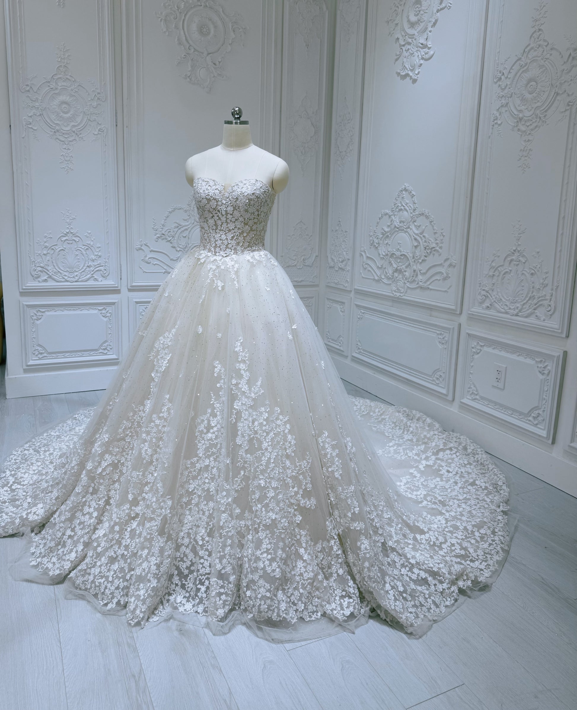 Stock clearance! Bridal size 6! Strapless ivory 3D floral Aline style fairy wedding dress - Ting's Bridal Collection