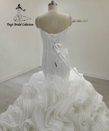 TBC-JM063 Custom-made luxury beading sparkling long sleeve mermaid royal wedding dress with ruffle skirt - Ting's Bridal Collection
