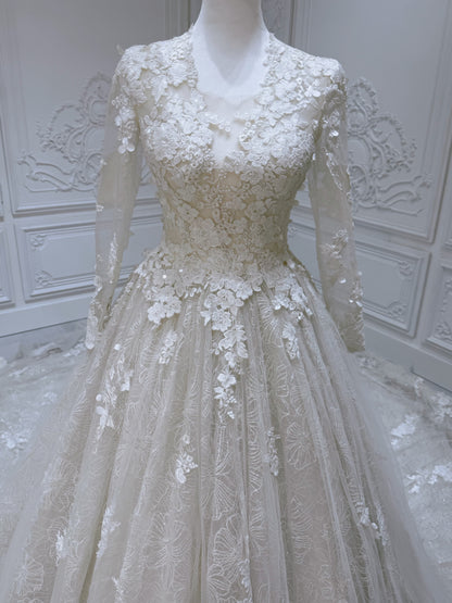 Stock clearance floor sample! Size 0. Ivory long sleeve lace Aline wedding dress - Ting's Bridal Collection
