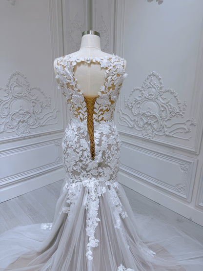 TBC-A017 Made to order lace mermaid champagne wedding dress - Ting's Bridal Collection