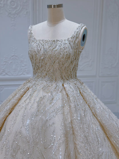 Custom-made luxury beading square neck sparkling princess ballgown royal wedding dress - Ting's Bridal Collection