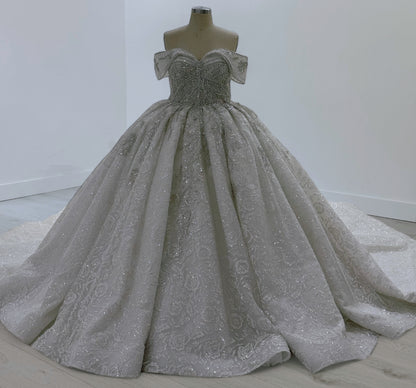TBC-JB100 Custom-made luxury beading rose pattern off white ballgown royal wedding dress