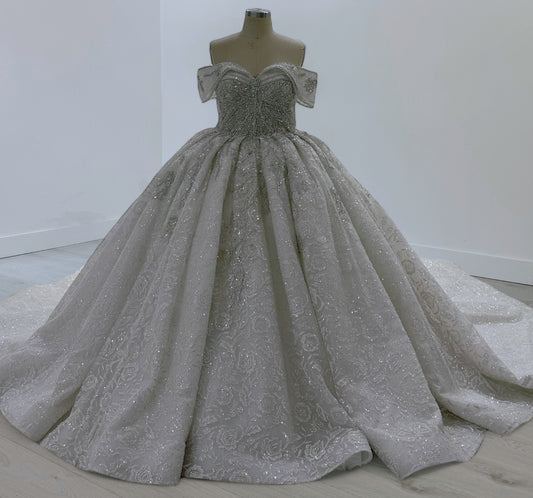 TBC-JB100 Custom-made luxury beading rose pattern off white ballgown royal wedding dress - Ting's Bridal Collection