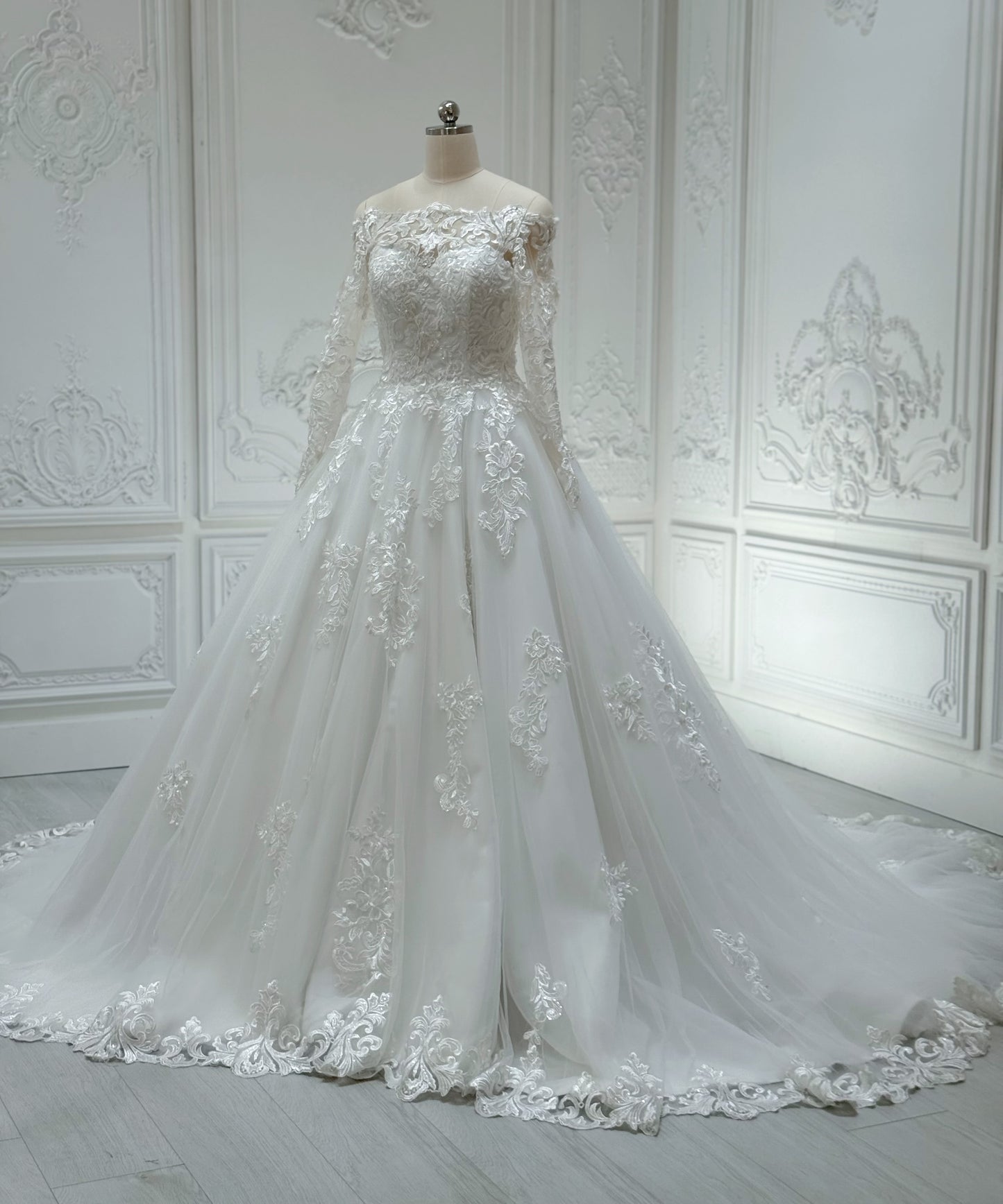 Stock Clearance! Bridal size 4! Custom-made off the shoulder with long sleeve classic lace Aline wedding dress - Ting's Bridal Collection