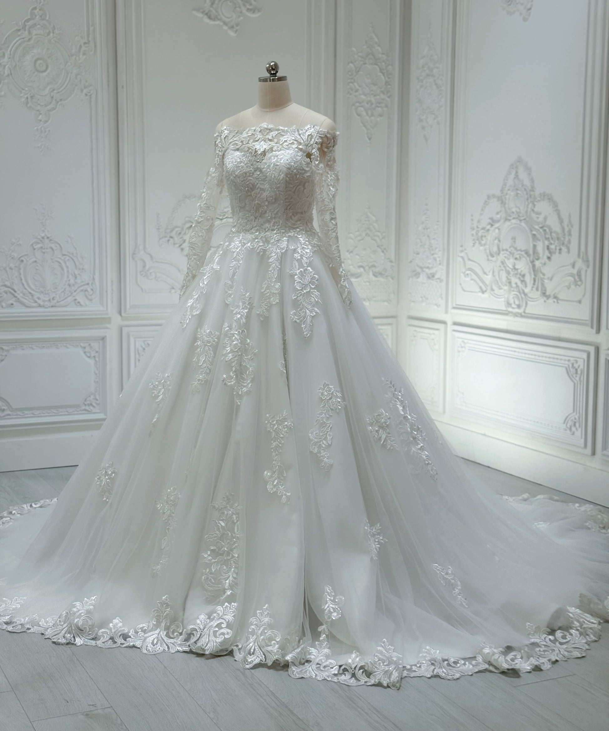 Stock Clearance! Bridal size 4! Custom-made off the shoulder with long sleeve classic lace Aline wedding dress - Ting's Bridal Collection