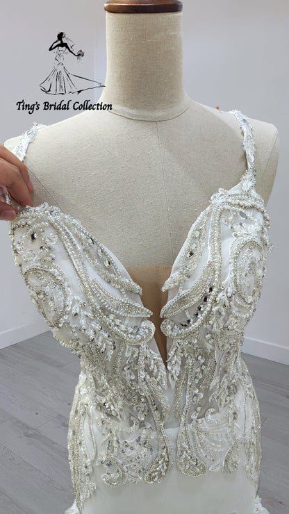 TBC-JM064 Custom-made beading spaghetti strap low back mermaid wedding dress
