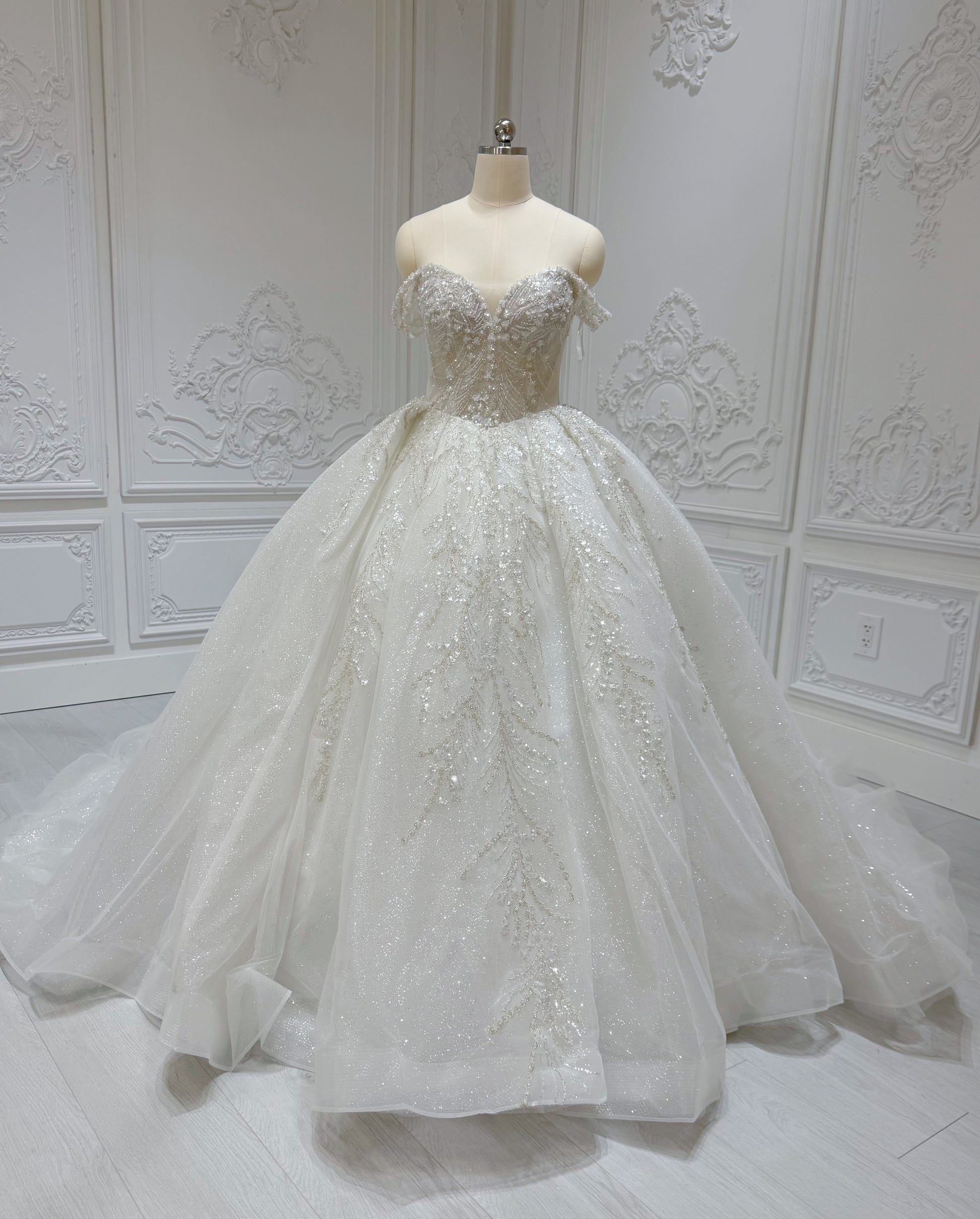 Stock Clearance! Bridal size 6! Luxury beading sparkling off the shoulder princess ballgown fairy wedding dress - Ting's Bridal Collection