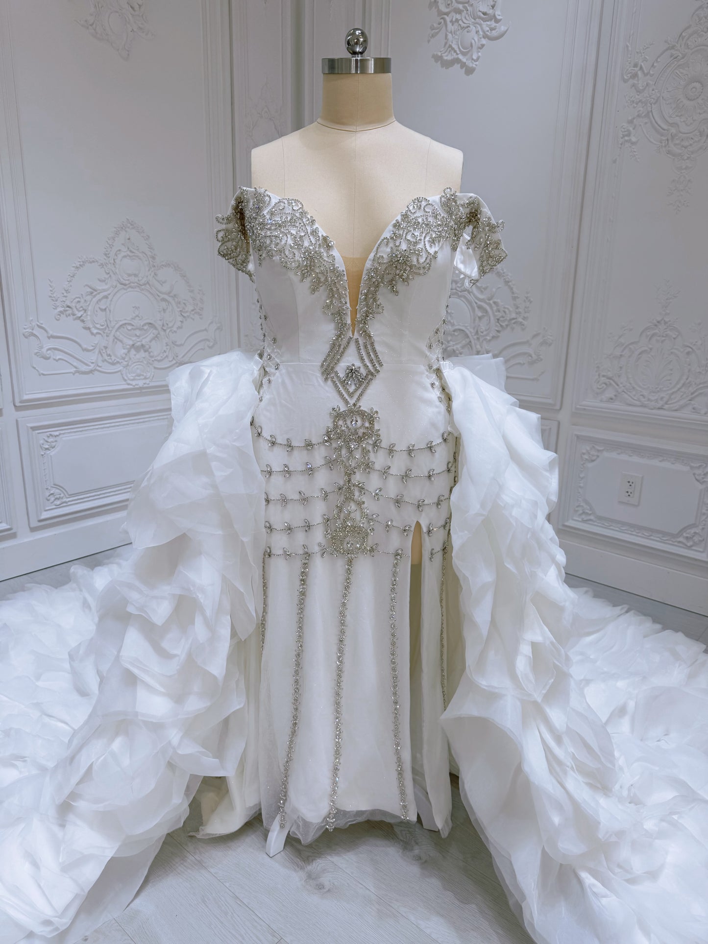 TBC-2IN1-0036 Made to order Luxury crystal beaded 2 in 1 mermaid with detachable ruffled skirt - Ting's Bridal Collection