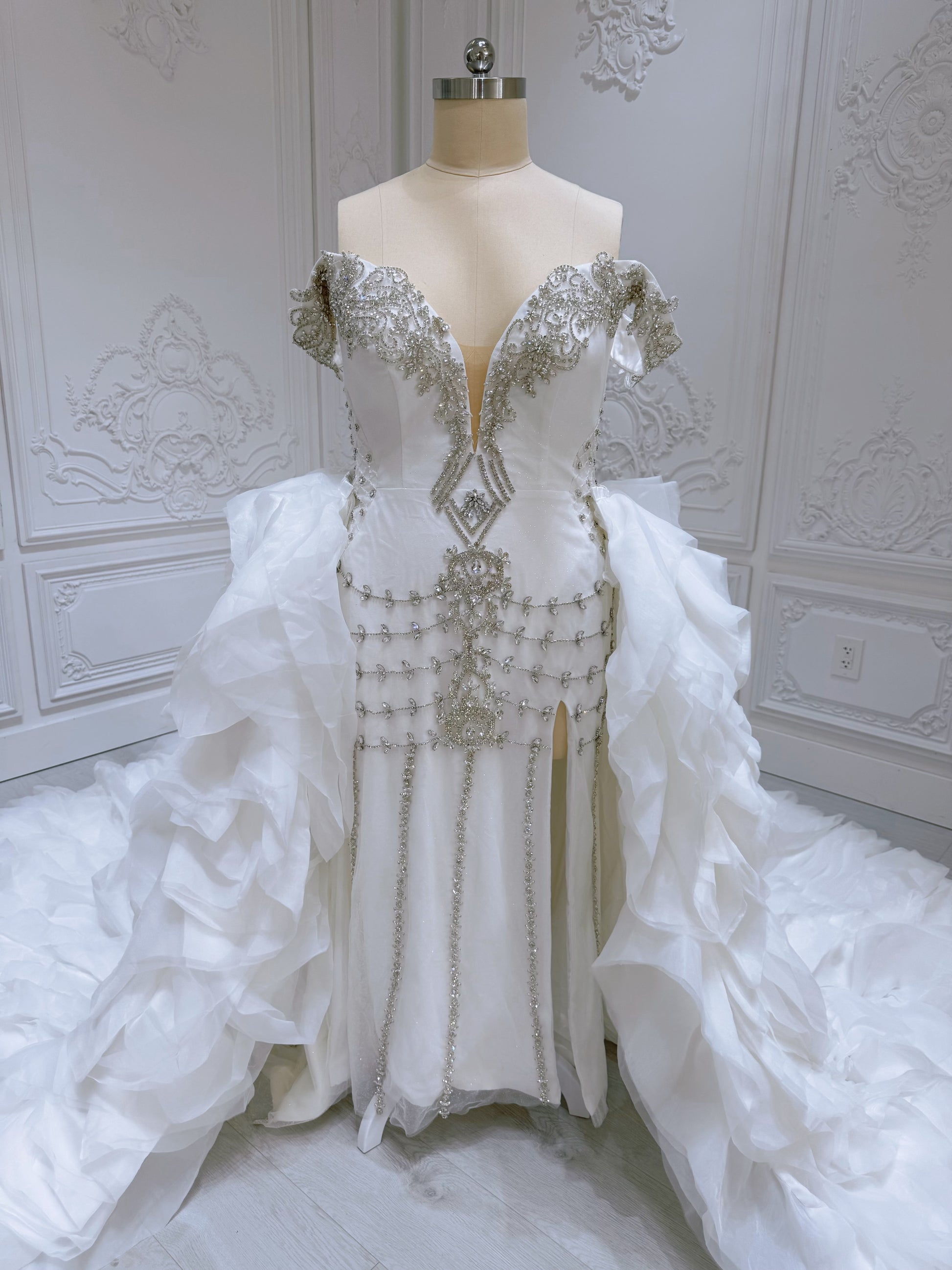 TBC-2IN1-0036 Made to order Luxury crystal beaded 2 in 1 mermaid with detachable ruffled skirt - Ting's Bridal Collection