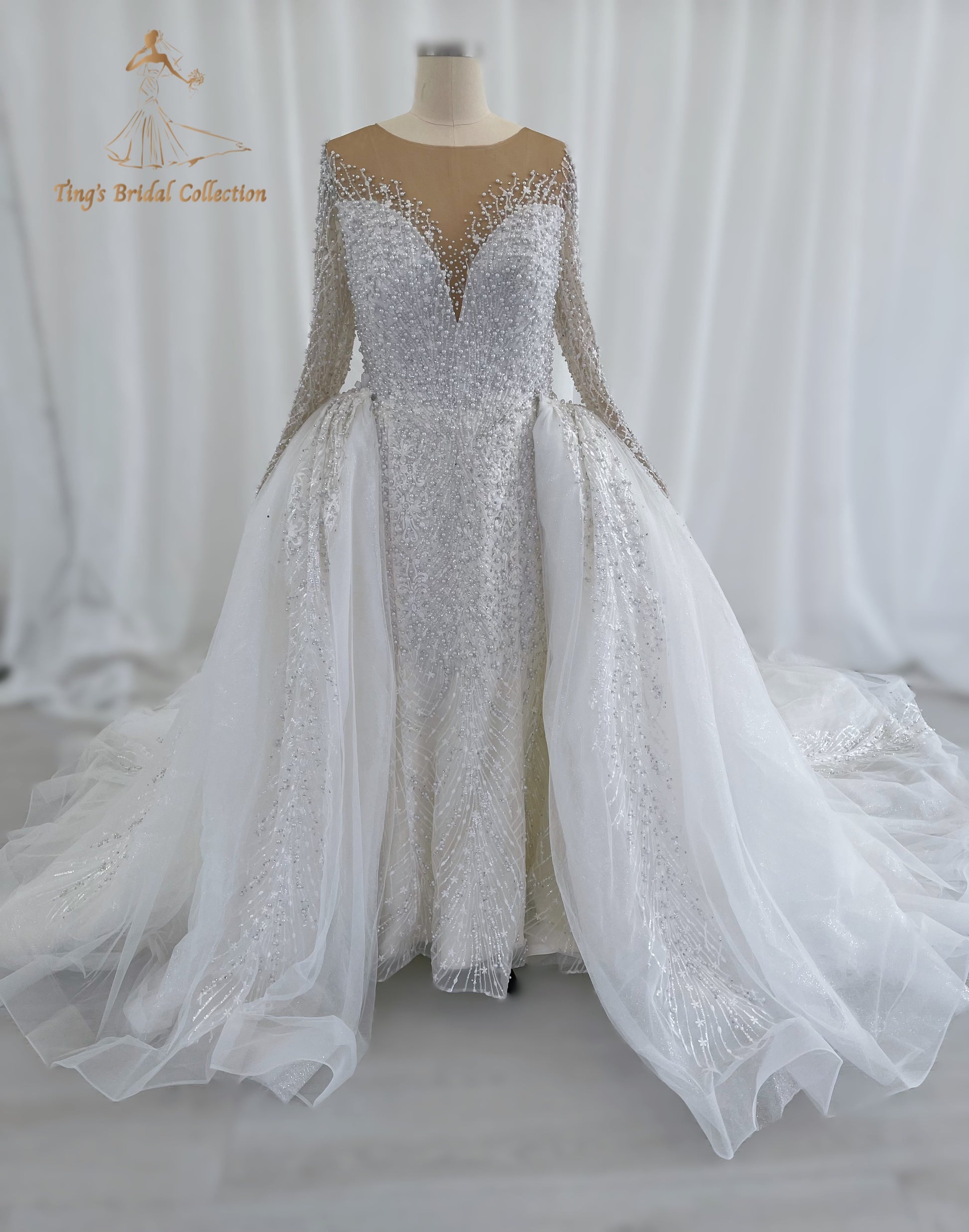 TBC-CM50 Custom-made Pearl with lace ivory long sleeve 2in1 mermaid with detachable skirt - Ting's Bridal Collection