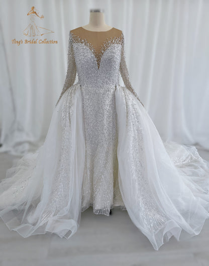 TBC-CM50 Custom-made Pearl with lace ivory long sleeve 2in1 mermaid with detachable skirt - Ting's Bridal Collection