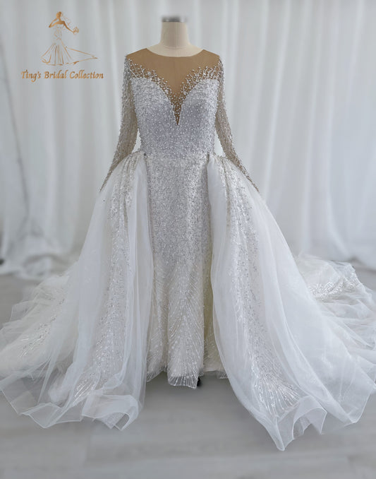 TBC-CM50 Custom-made Pearl with lace ivory long sleeve 2in1 mermaid with detachable skirt - Ting's Bridal Collection