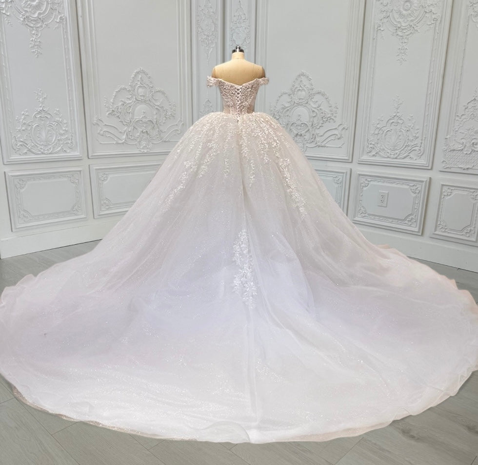 TBC-CM16 Custom-made lace embroidered off the shoulder with Deep V ballgown wedding dress - Ting's Bridal Collection