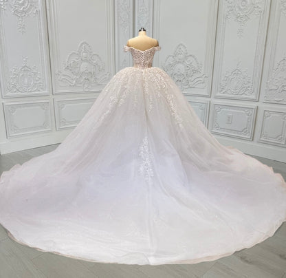 TBC-CM16 Custom-made lace embroidered off the shoulder with Deep V ballgown wedding dress - Ting's Bridal Collection