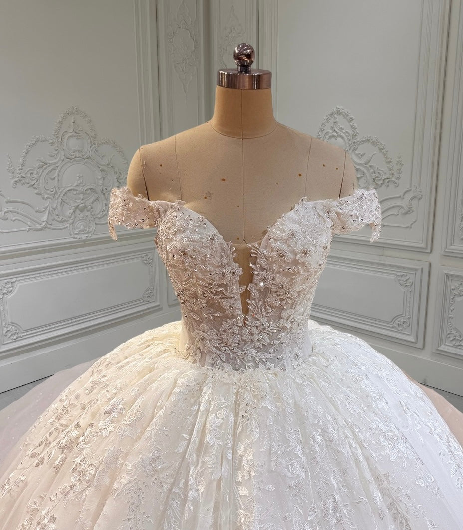 TBC-CM16 Custom-made lace embroidered off the shoulder with Deep V ballgown wedding dress - Ting's Bridal Collection