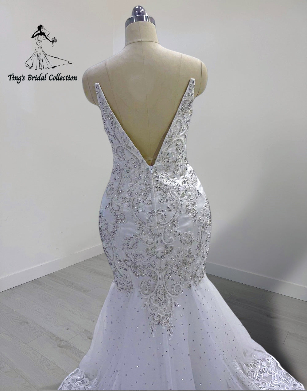 TBC-M045 Made to order lace embroidered with crystal beaded mermaid wedding dress - Ting's Bridal Collection