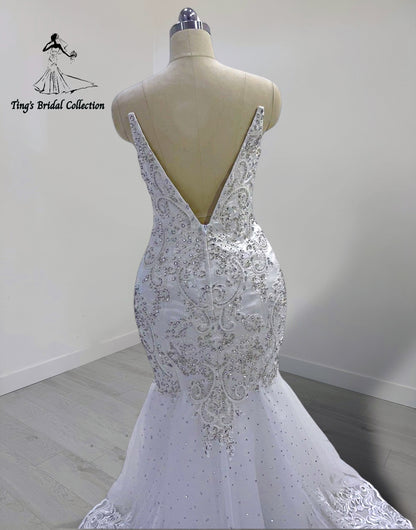 TBC-M045 Made to order lace embroidered with crystal beaded mermaid wedding dress - Ting's Bridal Collection