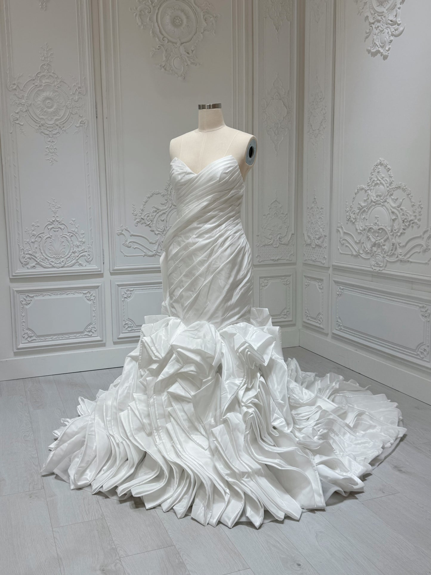 Stock clearance Bridal size 14! White satin pleated mermaid wedding dress with ruffled skirt - Ting's Bridal Collection