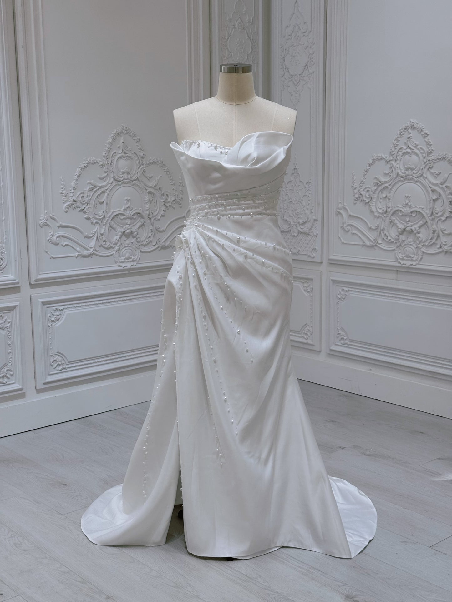 Stock Sale! Size 14 white beaded&pleated satin trumpet wedding dress/reception dress/Bridal shower dress - Ting's Bridal Collection