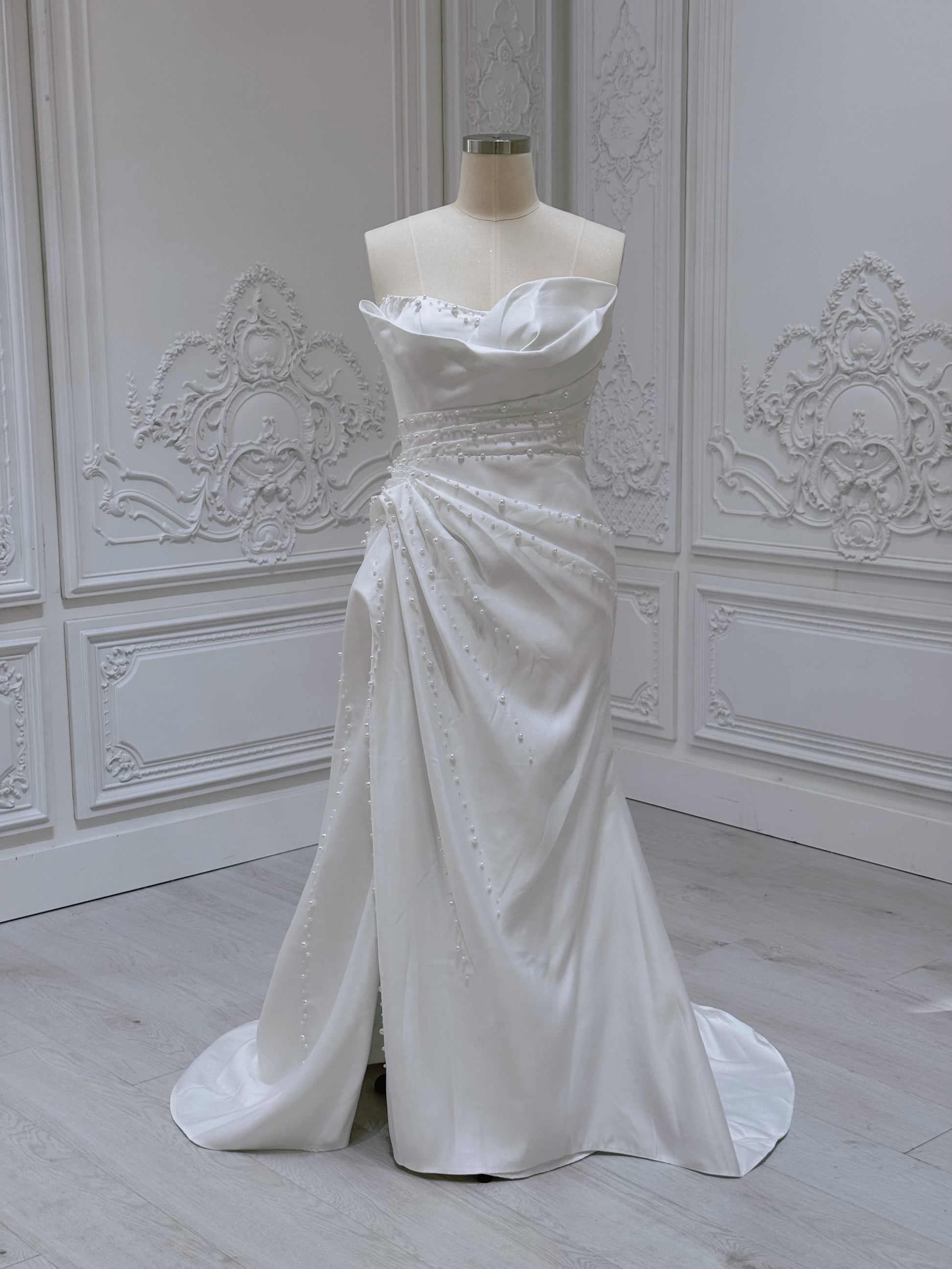 Stock Sale! Size 14 white beaded&pleated satin trumpet wedding dress/reception dress/Bridal shower dress - Ting's Bridal Collection