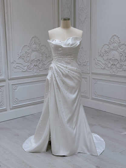 Stock Sale! Size 14 white beaded&pleated satin trumpet wedding dress/reception dress/Bridal shower dress - Ting's Bridal Collection