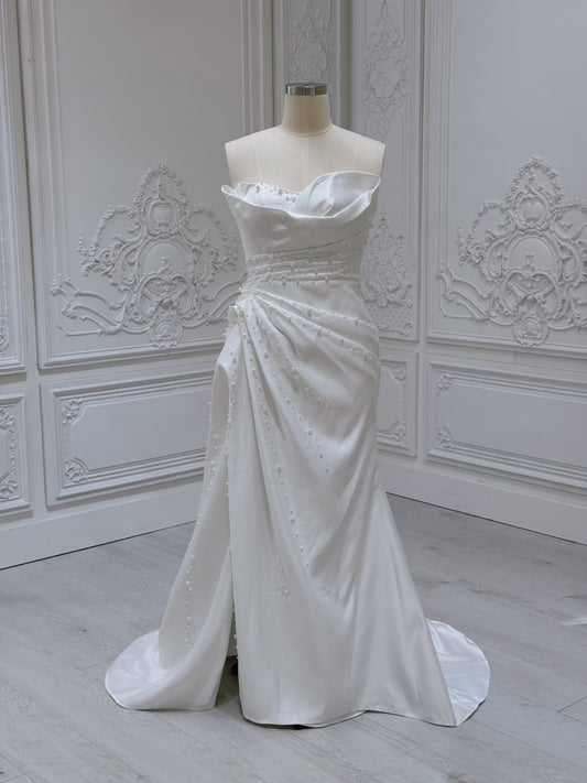 Stock Sale! Size 14 white beaded&pleated satin trumpet wedding dress/reception dress/Bridal shower dress - Ting's Bridal Collection