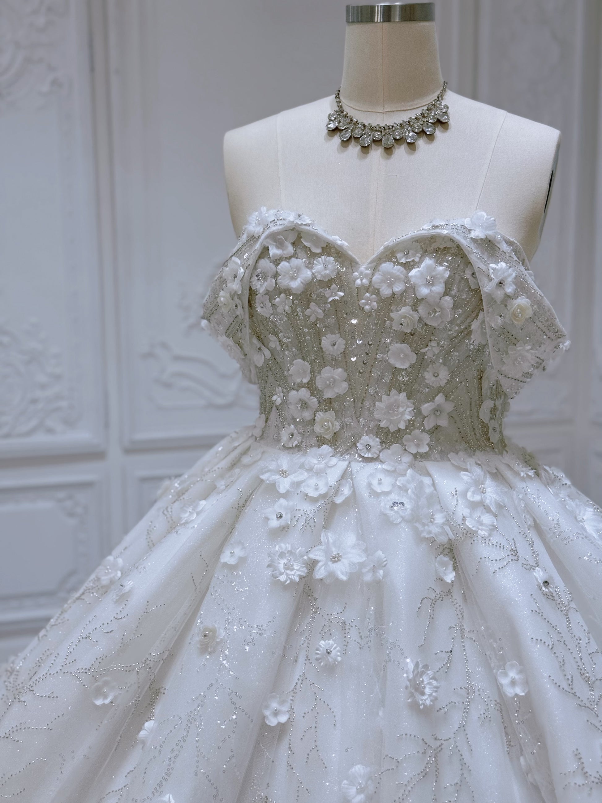 Stock Clearance! Bridal size 12! Custom-made beading with 3D floral off the shoulder princess ballgown fairy wedding dress - Ting's Bridal Collection