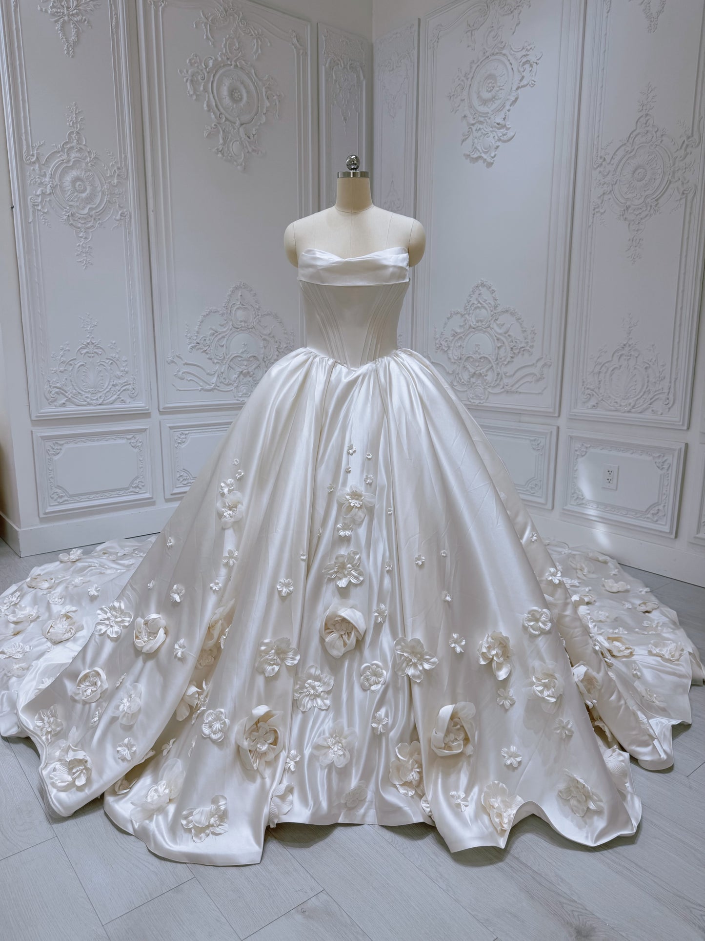 Custom-made sand color 3D floral satin princess ballgown fairy wedding dress - Ting's Bridal Collection
