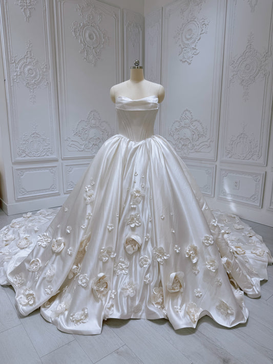 Custom-made sand color 3D floral satin princess ballgown fairy wedding dress - Ting's Bridal Collection
