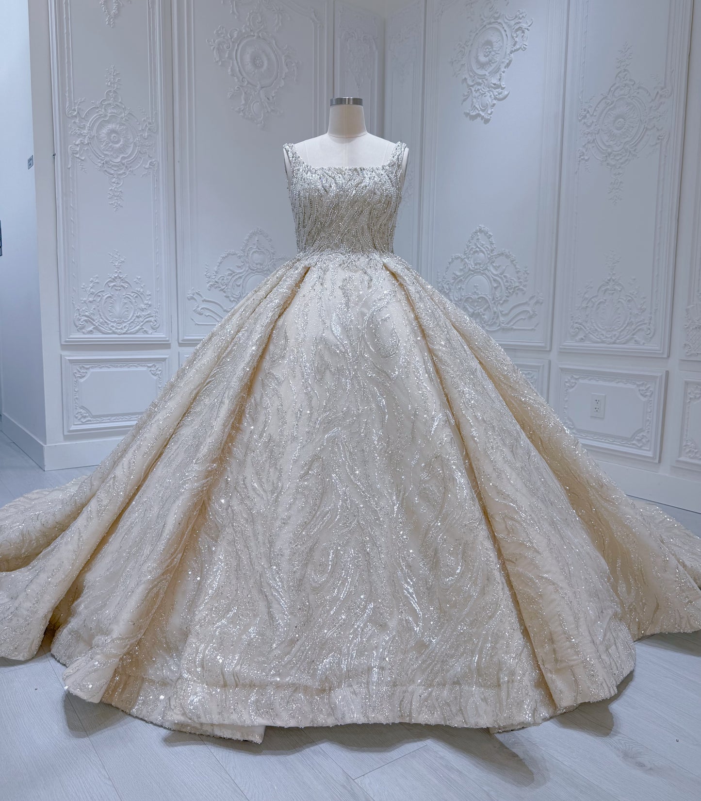 Custom-made luxury beading square neck sparkling princess ballgown royal wedding dress - Ting's Bridal Collection