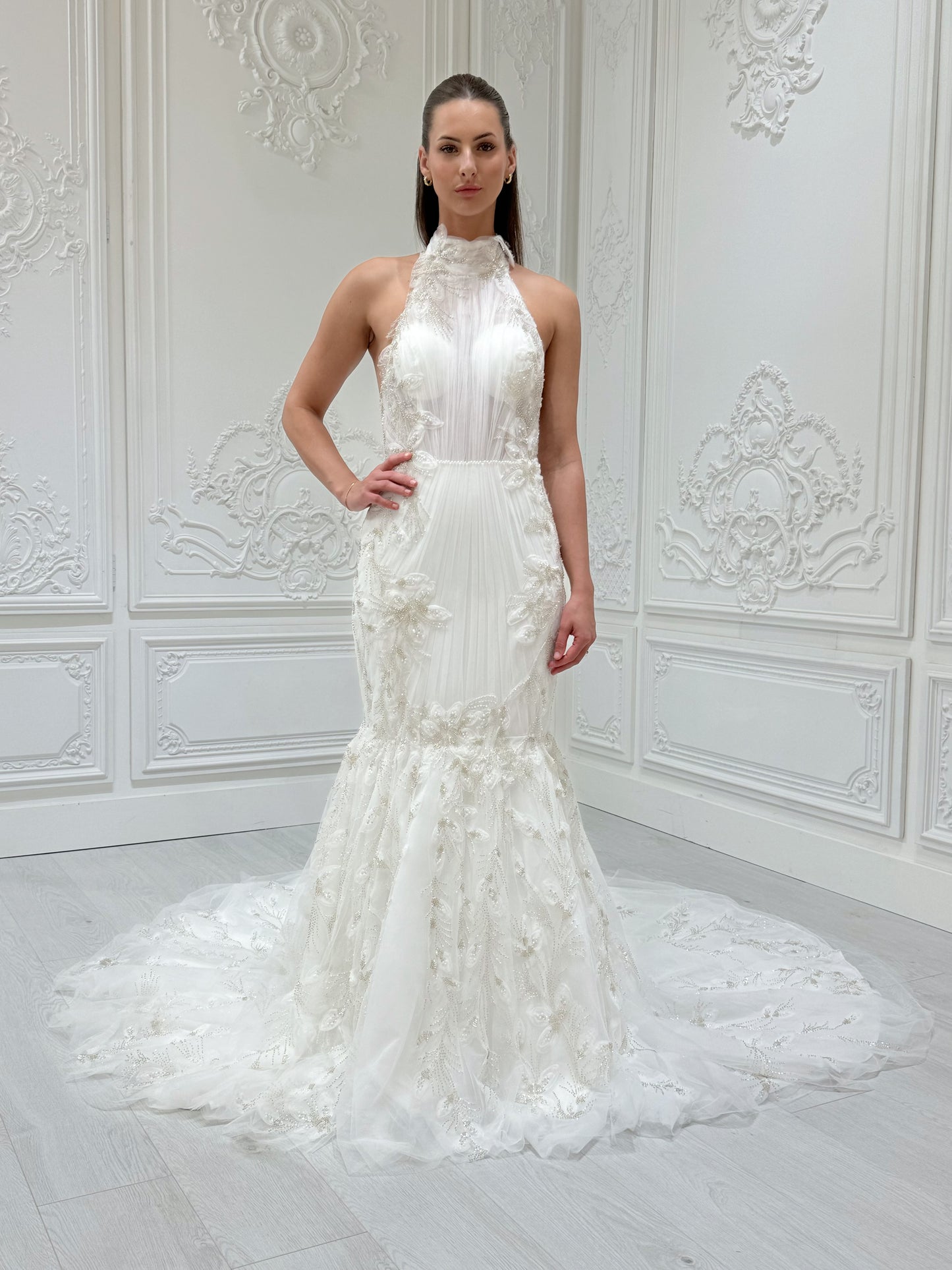 Stock Sale! Bridal size 12! Custom-made beading 3D floral lace halter neck with open back mermaid wedding dress - Ting's Bridal Collection