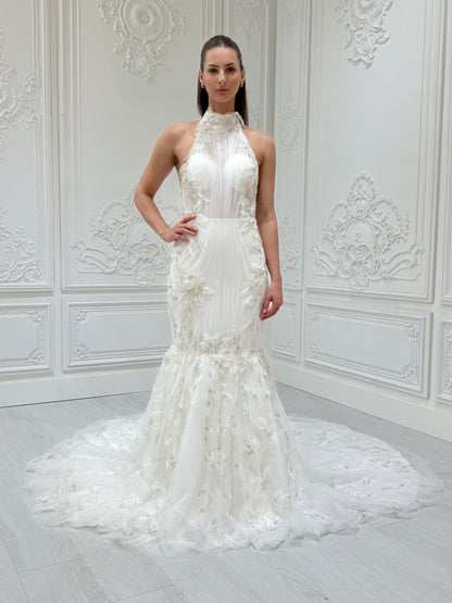 Stock Sale! Bridal size 12! Custom-made beading 3D floral lace halter neck with open back mermaid wedding dress - Ting's Bridal Collection