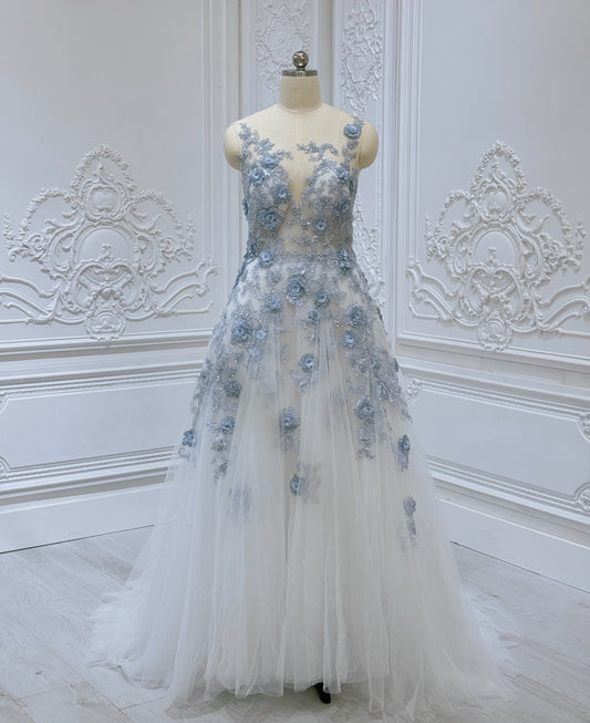 TBC-CM35 Custom-made blue 3D floral appliqué embroidered sparkling Aline wedding dress - Ting's Bridal Collection