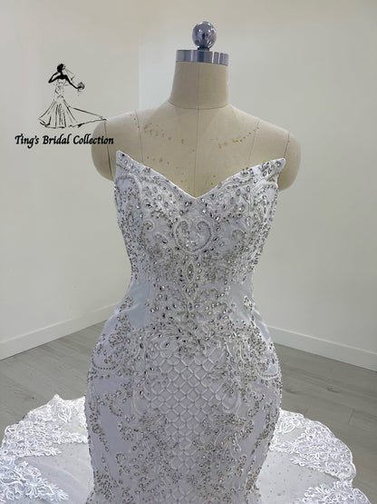 TBC-M045 Made to order lace embroidered with crystal beaded mermaid wedding dress - Ting's Bridal Collection