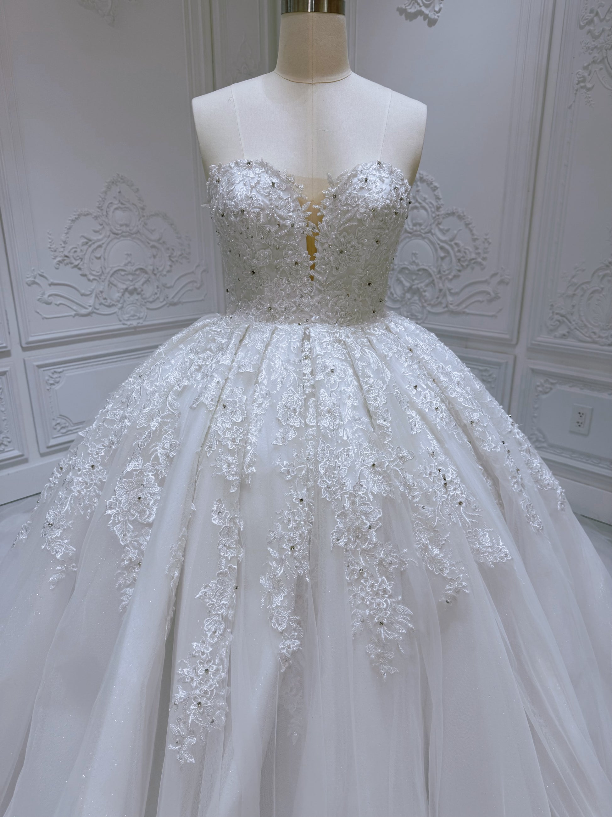 Stock Clearance! Bridal size 12! White floral lace embroidered high neck long sleeve princess ballgown royal wedding dress - Ting's Bridal Collection