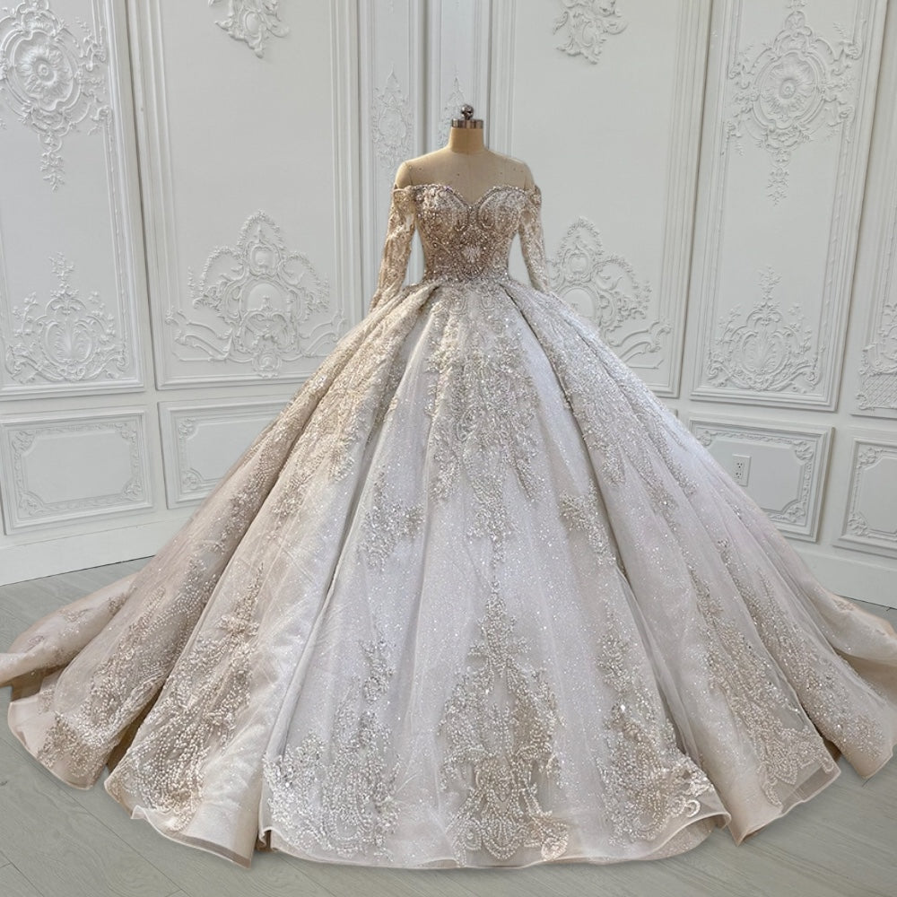 Custom-made luxury beading sparkling off the shoulder with V-neck long sleeve princess ballgown royal wedding dress - Ting's Bridal Collection