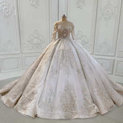 Custom-made luxury beading sparkling off the shoulder with V-neck long sleeve princess ballgown royal wedding dress - Ting's Bridal Collection