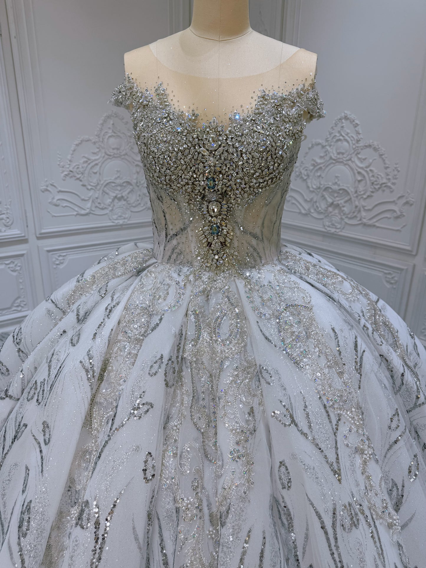 Stock Clearance! Bridal Size 10! Grey crystal beaded cap sleeve sparkling white&silver princess ballgown royal wedding dress - Ting's Bridal Collection