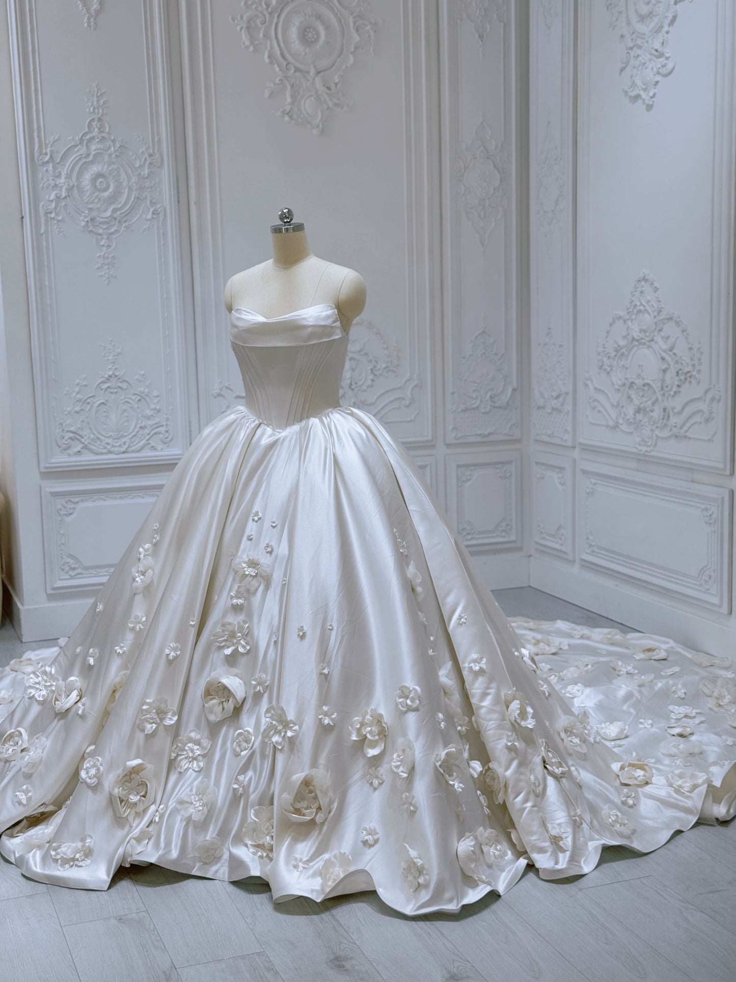 Custom-made sand color 3D floral satin princess ballgown fairy wedding dress - Ting's Bridal Collection
