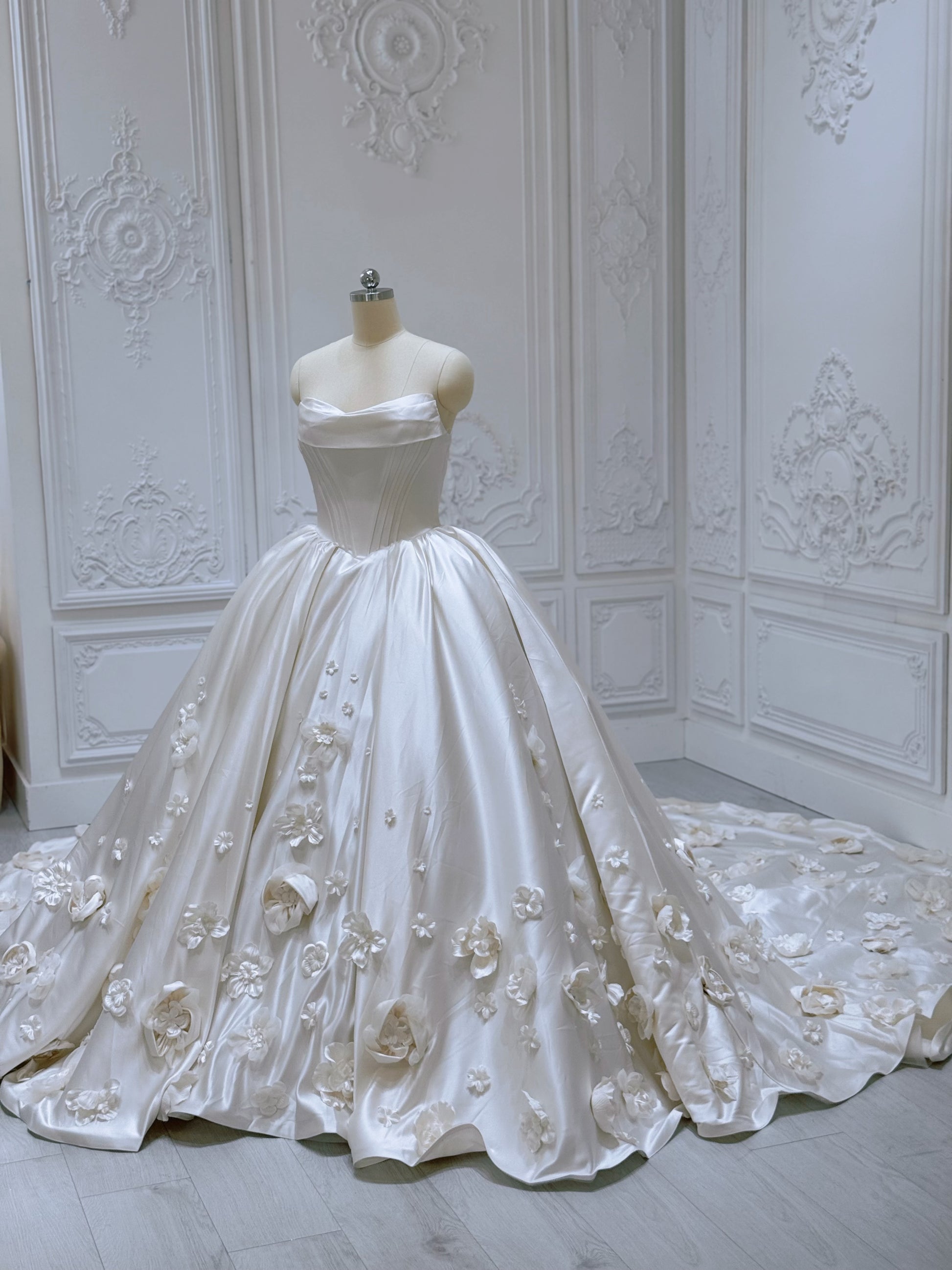Custom-made sand color 3D floral satin princess ballgown fairy wedding dress - Ting's Bridal Collection