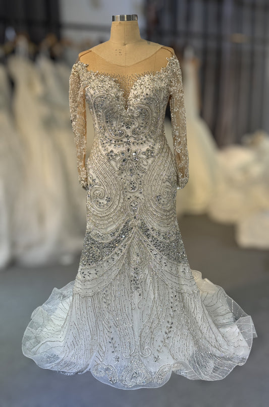 TBC-CM48 Custom-made luxury crystal beaded long sleeve mermaid wedding dress - Ting's Bridal Collection