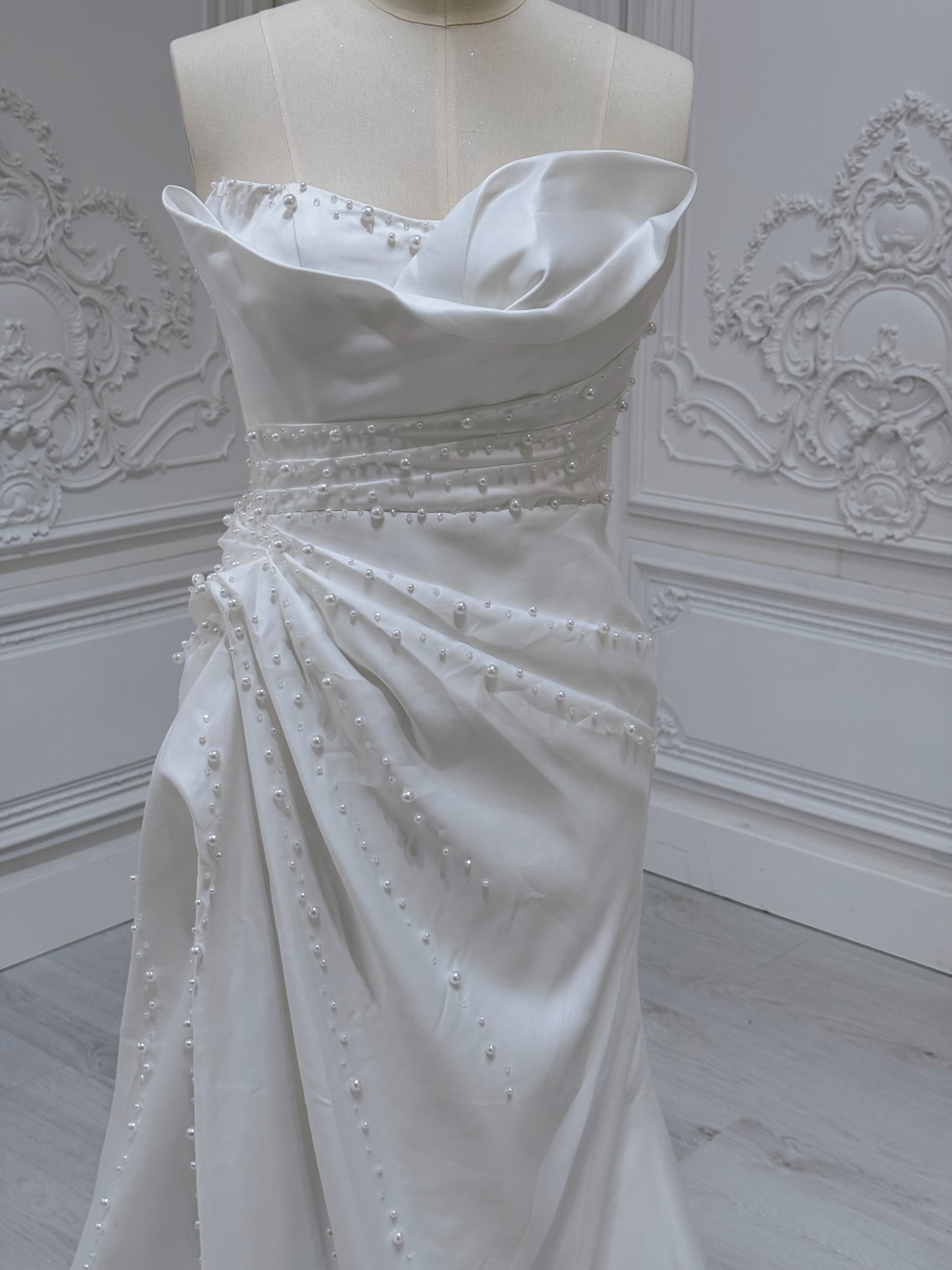 Stock Sale! Size 14 white beaded&pleated satin trumpet wedding dress/reception dress/Bridal shower dress - Ting's Bridal Collection