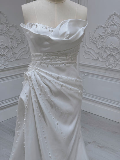 Stock Sale! Size 14 white beaded&pleated satin trumpet wedding dress/reception dress/Bridal shower dress - Ting's Bridal Collection