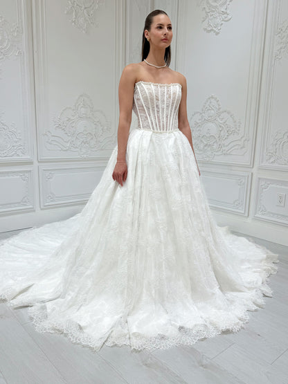 Stock Sale! Bridal size 12! Custom-made straight pearl beading corset lace Aline wedding dress with detachable bow - Ting's Bridal Collection