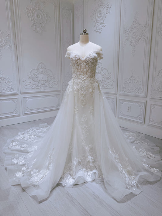 Stock clearance! Bridal size 10! White off the shoulder floral mermaid wedding dress with skirt - Ting's Bridal Collection